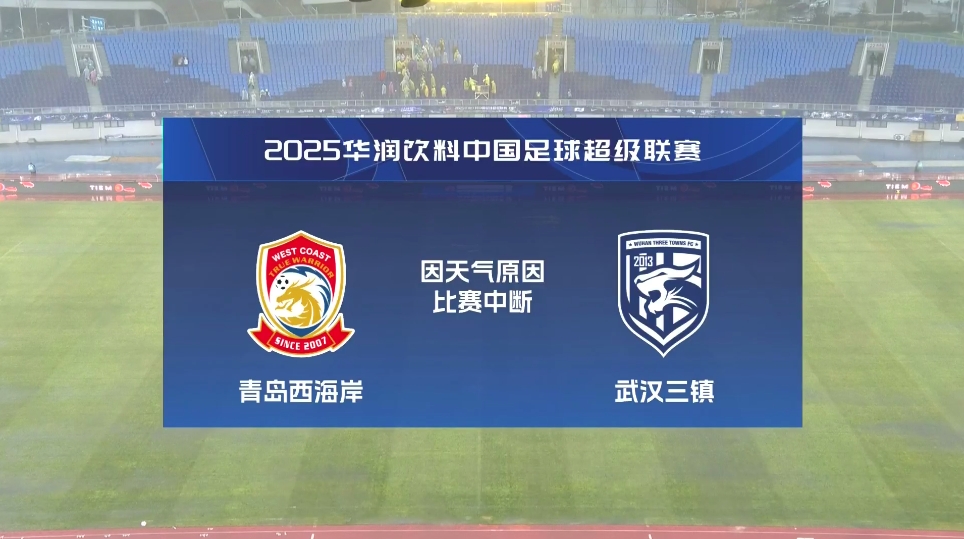 比賽延期！青島西海岸vs武漢三鎮進行至18分鐘，因天氣中斷30分鐘